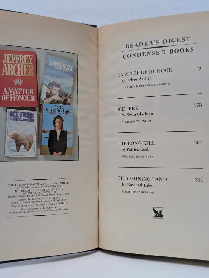 Reader's Digest Condensed Books. A Matter of Honour. Ice Trek. The Long Kill. This Shining Land