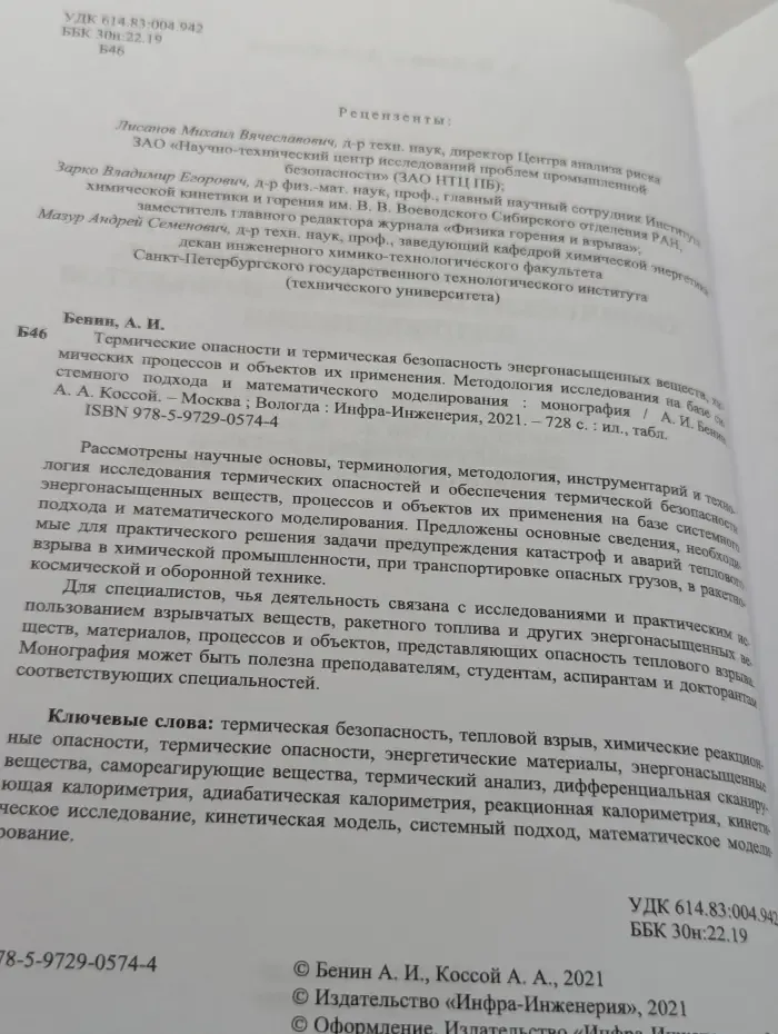 Термические опасности и термическая безопасность энергонасыщенных веществ, химических процессов и объектов их применения. Методология исследования на базе системного подхода
